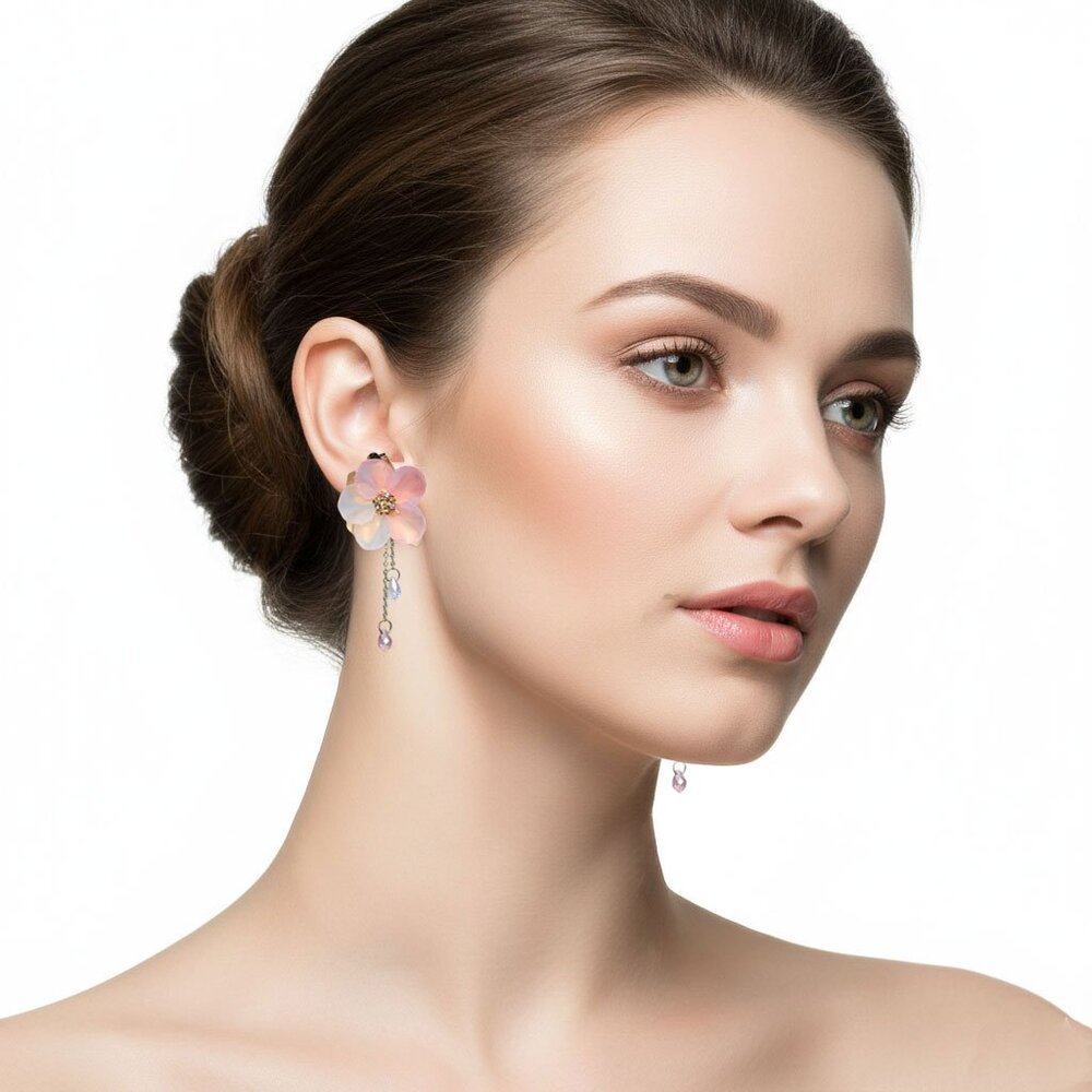 Blush Pink Frosted Flower Dangle Earrings | Gold Tone Cherry Blossom Floral Drop - Picture 2 of 6